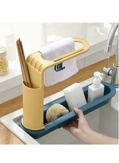 Buy Telescopic Sink Storage Rack Adjustable Length 3-in-1 Sink Organizer Tray Holder Sponge Soap Holder with Dishcloth Hanger Chopstick Storage Expandable Storage Drain Basket for Home Kitchen in UAE