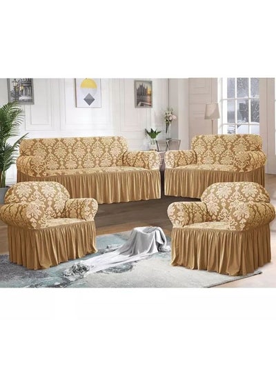 Buy 4 piece 7 Seater(3+2+1+1)Stretchable Sofa Cover Set with Ruffle Skirt Dark Beige in Saudi Arabia