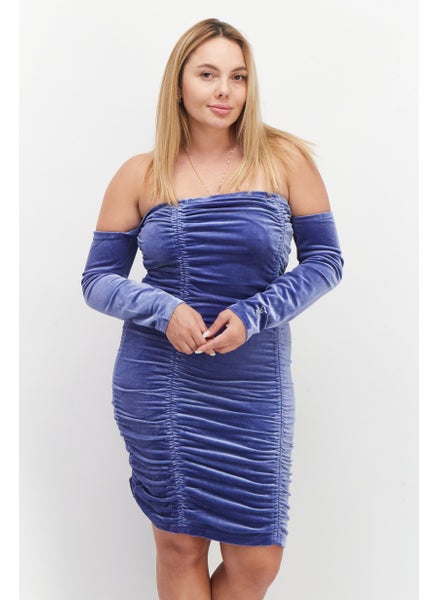 Buy Women Off Shoulder Long Sleeves Textured Mini Dress, Blue in UAE