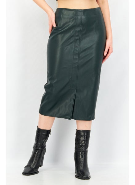 Buy Women Solid Leather Midi Skirt, Dark Olive in UAE