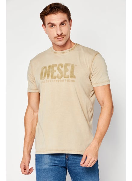 Buy Men Crew Neck Short Sleeve Wash T-Shirt, Light Olive in UAE