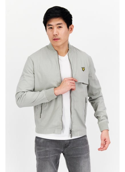 Buy Men Brand Logo Ribbed Full Zip Bomber Jacket, Cold Grey in UAE