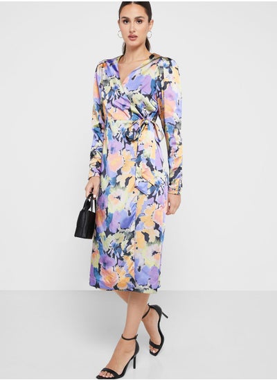 Buy Floral Print Surplice Neck Dress in UAE