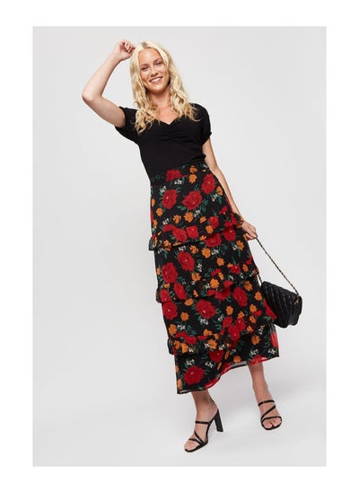 Buy Red Floral Chiffon Ruffle Midi Skirt in Saudi Arabia