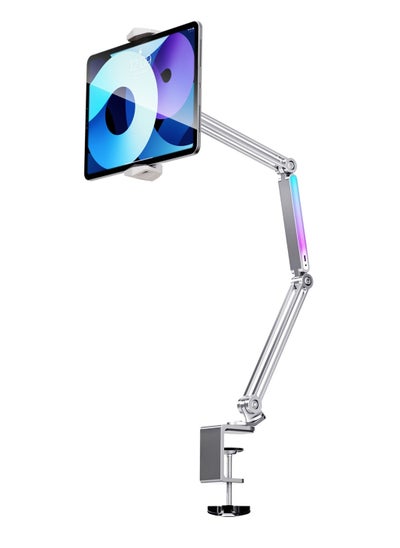 Buy Multi-Joint Aluminum Desk Mount / Aluminum Alloy Adjustable & Foldable Cantilever Bracket with LED Light / Flexible Viewing Angle / Adjustable Clamp for Phone and Tablet - Grey in UAE