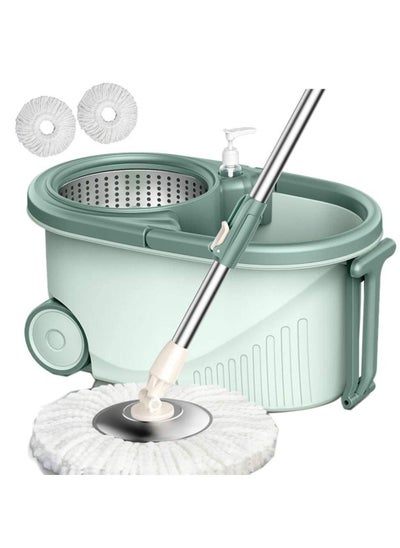 Buy Stainless Steel 360° Spin Spin Mop with Basket Set with Extended Handle and 2 Microfiber Tips in UAE