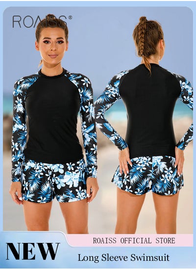 اشتري Women One Piece Swimsuit with Boxer Shorts Fashionable Print Design One Piece Beach Suit Women Long Sleeved Sun Protection Surfing Wetsuit في السعودية