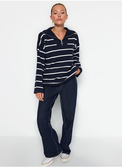 Buy Navy Wide Pattern Striped Knitwear Sweater TWOAW23KZ01864 in Egypt