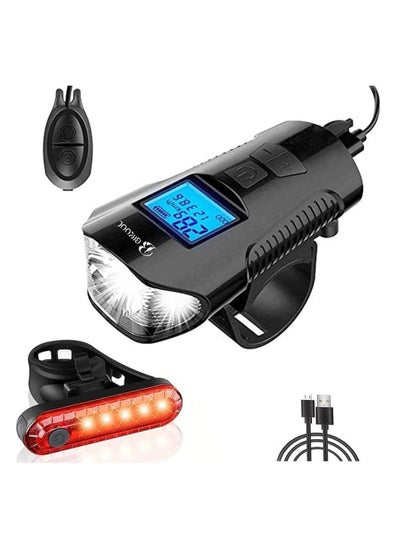 اشتري Bicycle Light Set with Horn and Speedometer, USB Rechargeable LED Bike Front Light & Tail Light,IPX5 Waterproof,4 Lighting Modes Super Bright, Fits All Mountain & Road Bike في الامارات