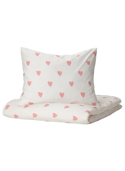 اشتري Duvet Cover And Pillowcase Heart Pattern White And Pink 150X200 And 50X80 Cm في السعودية