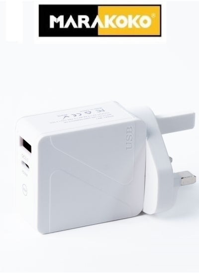 Buy 30W Fast Wall Charger Adapter With PD Type-C & QC3.0 USB Port, feature Overload & Overcharge protection And Compatible with iPhone, Samsung, Huawei and Other Devices. White in Saudi Arabia