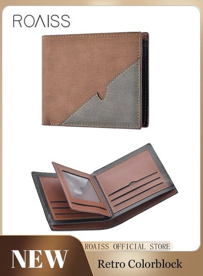 Buy Colorblock Fold Over Wallet Retro Stylish Zipper PU Leather Card Holder Multi-card Slot Coin Bag Money Clip for Men/Young Boy/Father/Brother Gift in Saudi Arabia