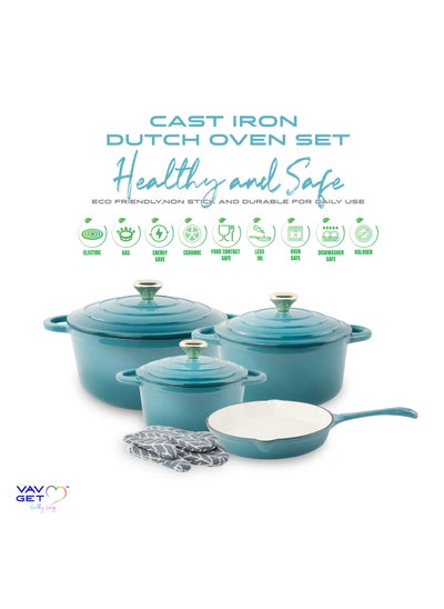 Buy Non-Stick Enameled 7-PCS SET of Cast Iron Dutch Oven Cookware. Set includes: 24cm Dutch Oven Fry Pan, 18cm, 21cm, 24cm Dutch Oven Cookware with Lids and Gloves. in UAE