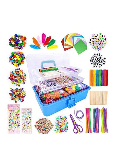 اشتري 1500 Pcs Art and Craft Supplies for Kids, Toddler DIY Craft Art Supply Set Included Pipe Cleaners, Pom Poms, Feather, Folding Storage Box - All in One for Craft DIY Art Supplies, Blue في الامارات