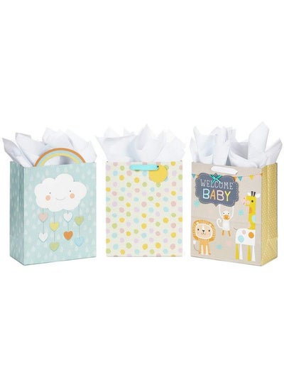 Buy 13" Large Gift Bags Assortment With Tissue Paper (Pack Of 3 Cloud And Rainbow Giraffe Pastel Polka Dots) in Saudi Arabia