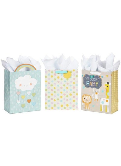 اشتري 13" Large Gift Bags Assortment With Tissue Paper (Pack Of 3 Cloud And Rainbow Giraffe Pastel Polka Dots) في الامارات