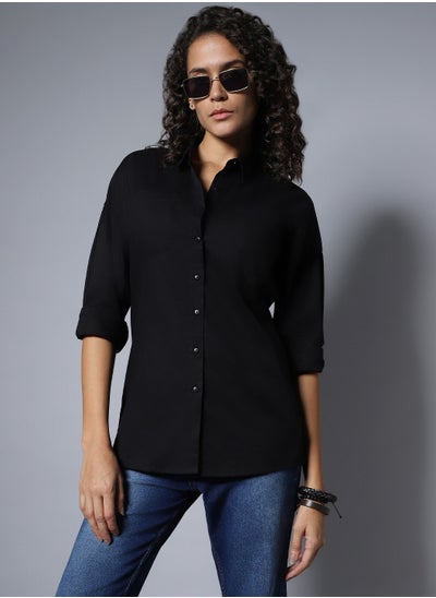 Buy Cotton Spread Collar Long Sleeves Solid Regular Longline Shirts in UAE