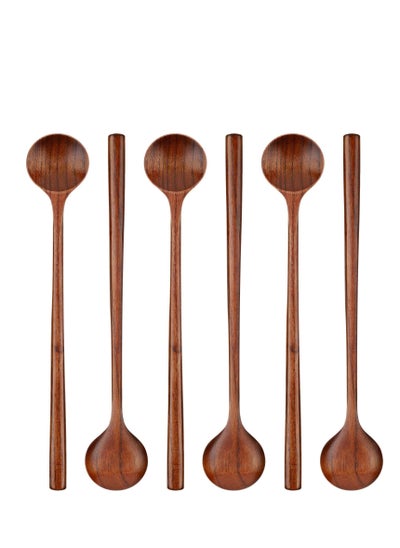 اشتري 6 PCS 10.9 Inch Wooden Long Spoons, Kitchen Wooden Cooking Spoon, Korean Style Soup Spoons, Suitable for Eating Mixing Stirring, Soup Stews (Brown) في السعودية