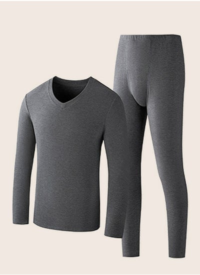 اشتري Mens Solid Color Skin Friendly Thick Long Johns Fleese And V-Neck Thermal Underwear Set, 2 Piece Cold Weather Base Layer Set for Men Dark Grey في السعودية