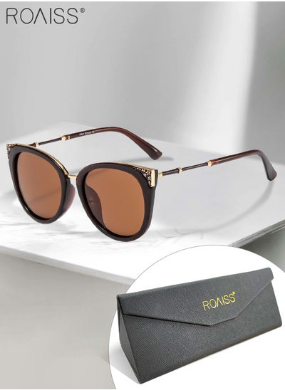 Buy Women's Polarized Cat Eye Sunglasses, UV400 Protection Sun Glasses with Brown Frame Decorated with Stars Pattern, Fashion Anti-glare Sun Shades for Women with Glasses Case, 56mm in UAE