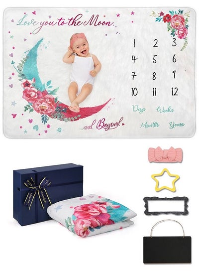 اشتري Baby Monthly Milestone Blanket  - Baby Photo Blanket for Newborn Baby Shower, Monthly Blanket for Baby Pictures Includes 1 Headband 1 Message Board 2 Frames 1 Packing Box في الامارات