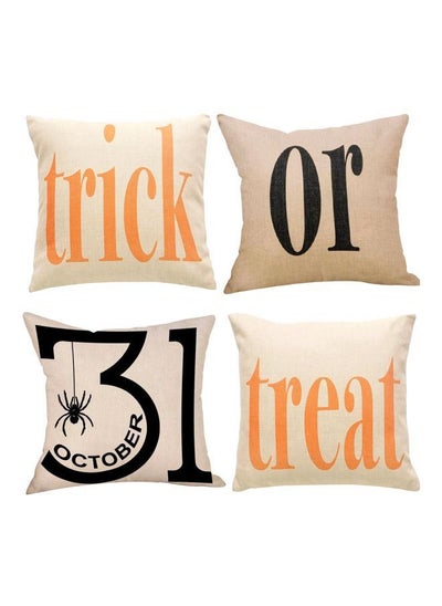 Buy 4-Piece Trick Or Treat Halloween Printed Pillow Cover Fabric Beige/Black/Orange 18x18inch in UAE