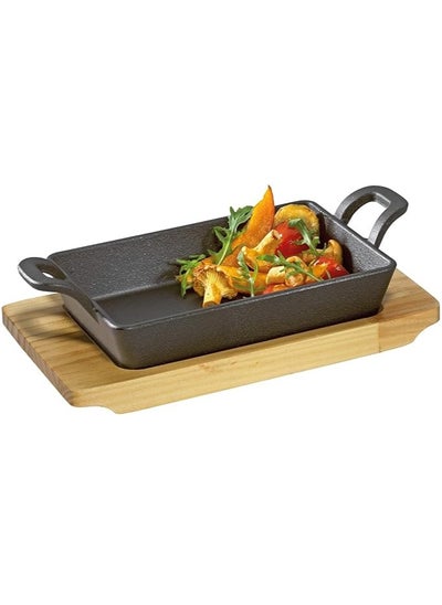 اشتري 16cm Rectangular Cast Iron Skillet with Side Handles and Wooden Base | Oven Safe Cast Iron Roasting Pan في السعودية