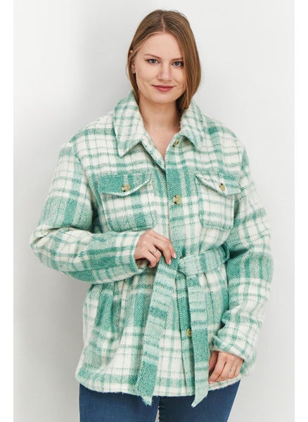 Buy Women Spread Collar Checked Belted Jacket, Light Green in UAE