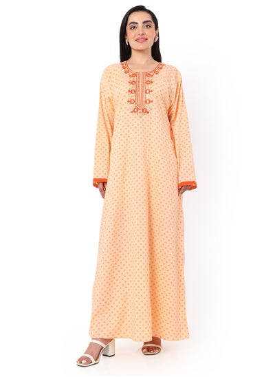 Buy FLORAL FRONT NECK EMBROIDERED WITH PRINTED ORANGE COLOUR ARABIC KAFTAN JALABIYA DRESS in Saudi Arabia