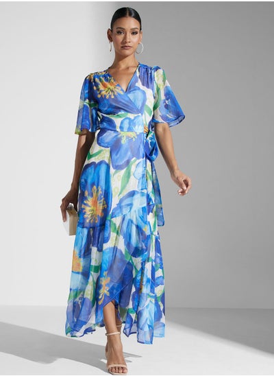 Buy Tie Detail Flutter Sleeve Wrap Dress in Saudi Arabia