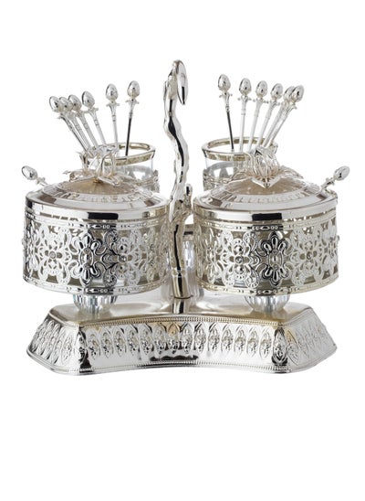 Buy A Set Of 2 Sugar And 12 Silver Metal Spoons With A Beautifully Designed Holder in Saudi Arabia