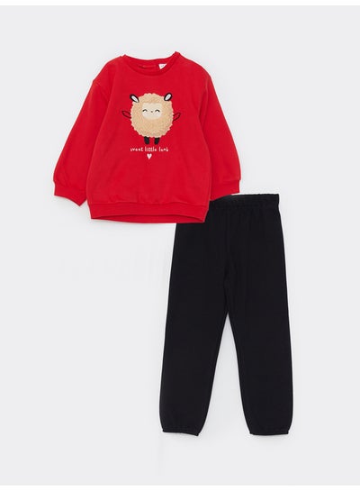 اشتري Crew Neck Long Sleeve Printed Baby Girl Sweatshirt and Trousers 2-Pack Set في مصر