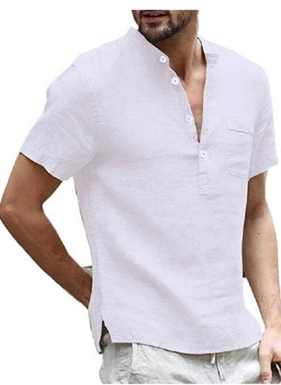 Buy Men's Cotton Linen Stand Collar Button Down T-Shirt White in Saudi Arabia