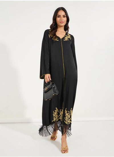 Buy Embroidered V Neck Tassel Hem Jalabiya in Saudi Arabia