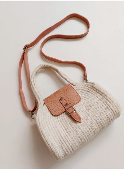 Buy Eco friendly cotton cord cross body bag off white and Kashmir leather flap in Egypt