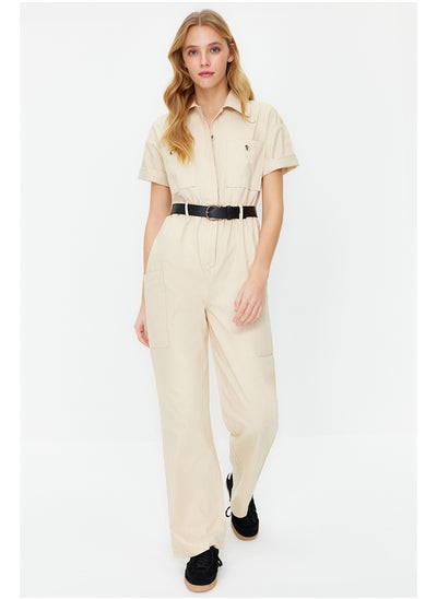 Buy Light Beige Shirt Collar Pocket Detailed Belted Woven Overalls TWOSS24TU00004 in Egypt