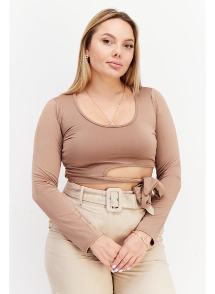 اشتري Women Round Neck Long Sleeve Solid Crop Top, Brown في الامارات