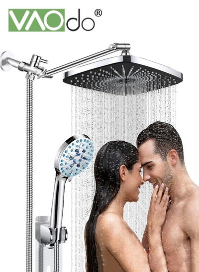 Buy 12 Inch High Pressure Rain Shower Head Shower Heads with 5 Modes Handheld Spray Combo Wide RainFall shower with 70" Hose & Bracket Adjustable Dual Showerhead with Anti-Clog Nozzles Chrome in Saudi Arabia
