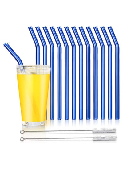 اشتري Reusable Glass Straws, Reusable Bent Glass Drinking Straws with 2 Cleaning Brushes, Reusable Straws for Smoothies, Milkshakes, Juice(Blue, 12 Pack) في الامارات