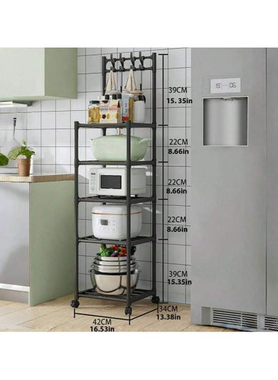 Buy 5 Layer Storage Rack , Five Tier Movable Storage Rack with Hooks and 4 Universal 360 Degree Wheels , Multipurpose Storage Shelf for Kitchen , Room or Bathroom in UAE