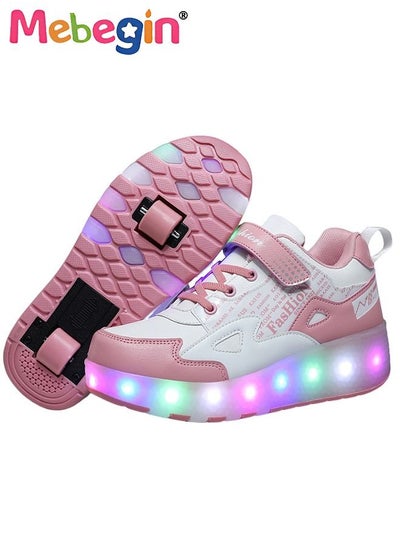 Buy Retractable Roller Kids Shoes with Wheels LED Light Color Shoes Size 33 Shiny Roller Skates Skate Shoes Simple Kids Gifts Boys Girls The Best Gift for Party Birthday Pink in Saudi Arabia