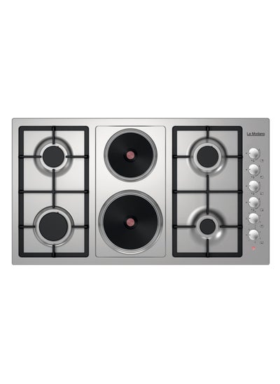 Buy Stainless Steel Gas & Electric Hobs 90 CM With Knob Control, 4 Burners, 2 Heating Zones, FFD, Cast Iron Pan Supports, Automatic Ignition, Nickel Knobs, LMBH905GH Silver in UAE