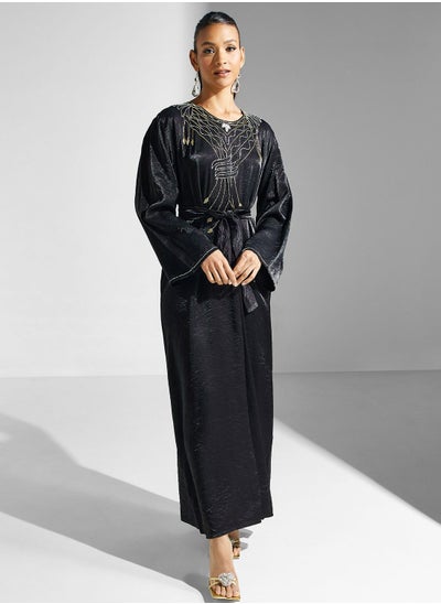 اشتري Embellished Belted Black Jalabiya في الامارات