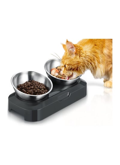 اشتري Raised Cat Bowl with Stainless Steel, Non-Slip Silicone Mat & Raised Cat Feeder with 15° & 0° Tilting Neck Protective Bowl for Pets, Cats Food and Water Feeding في الامارات