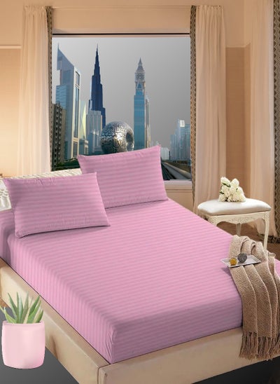 اشتري Faded Pink Striped Design Bed Sheet Set Deep Pocket Machine Washable 180x200+35cm في الامارات