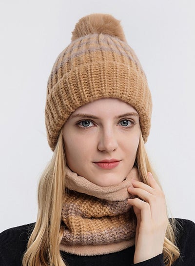 اشتري 2-piece Winter Brimless Hat Scarf Set Thick Warm Knitted Plush Hat Neck Warm Windproof Suitable for Women Outdoor Sports في السعودية