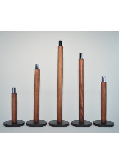 Buy Candle holder set of 5 pieces of different lengths, wood with aluminum base, decorative candle holder - for room decoration, dining table decor (brown) in Egypt