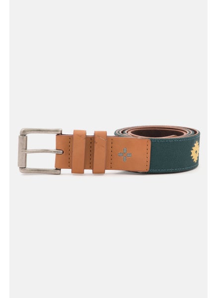 اشتري Men Embroidered Leather Belt, Green/Brown في الامارات