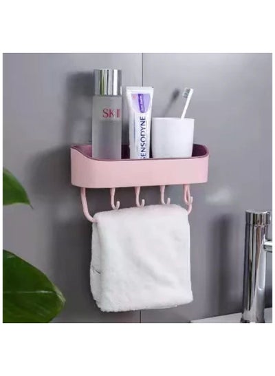 Buy Bathroom Shelf, Plastic Bathroom Rack, Self-Adhesive Shower Caddy, No Drilling Bathroom Organizer, Bathroom Toiletries Holder, Shower Rack with 4 Hooks and Towel Bar. in UAE
