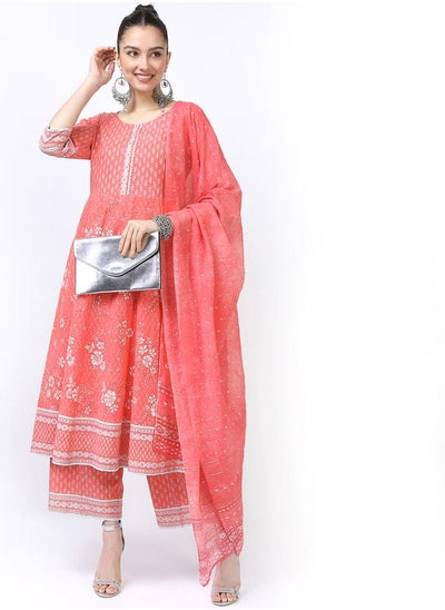 Buy Foil Print A-Line Kurta and Palazzo with Dupatta Set in Saudi Arabia